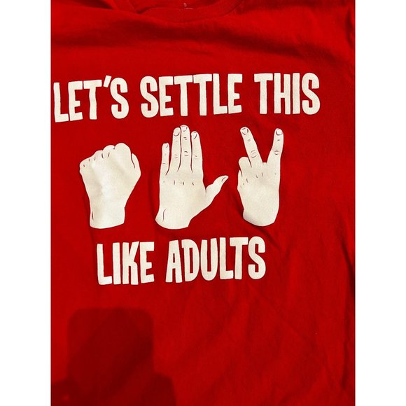 Let's Settle This Like Adults Rock Paper Scissors Graphic Red T-Shirt Crew Neck - Picture 9 of 10